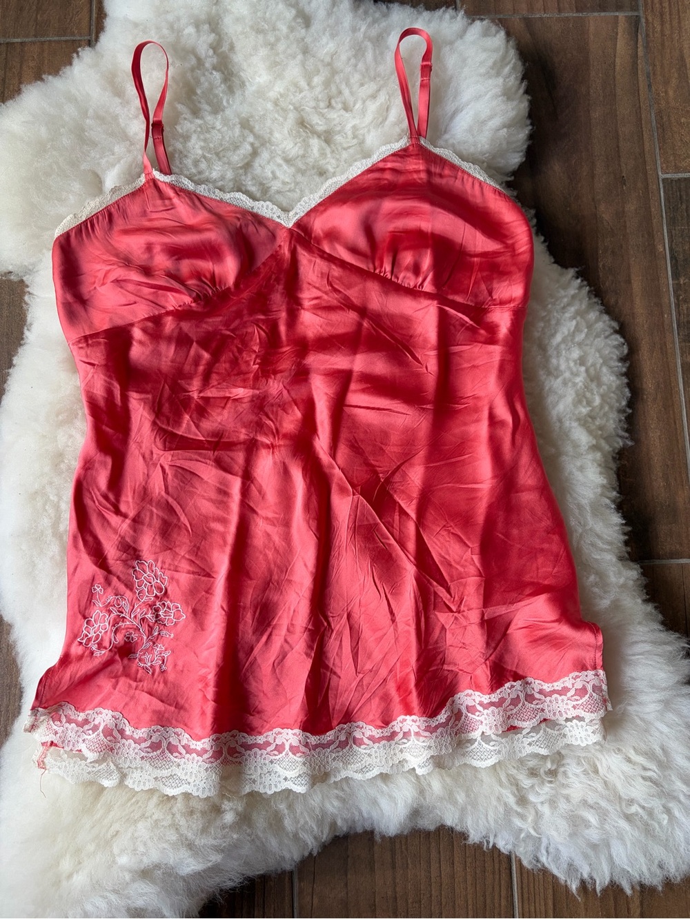 Old Navy Coral Red Satin Lace-Trim Chemise